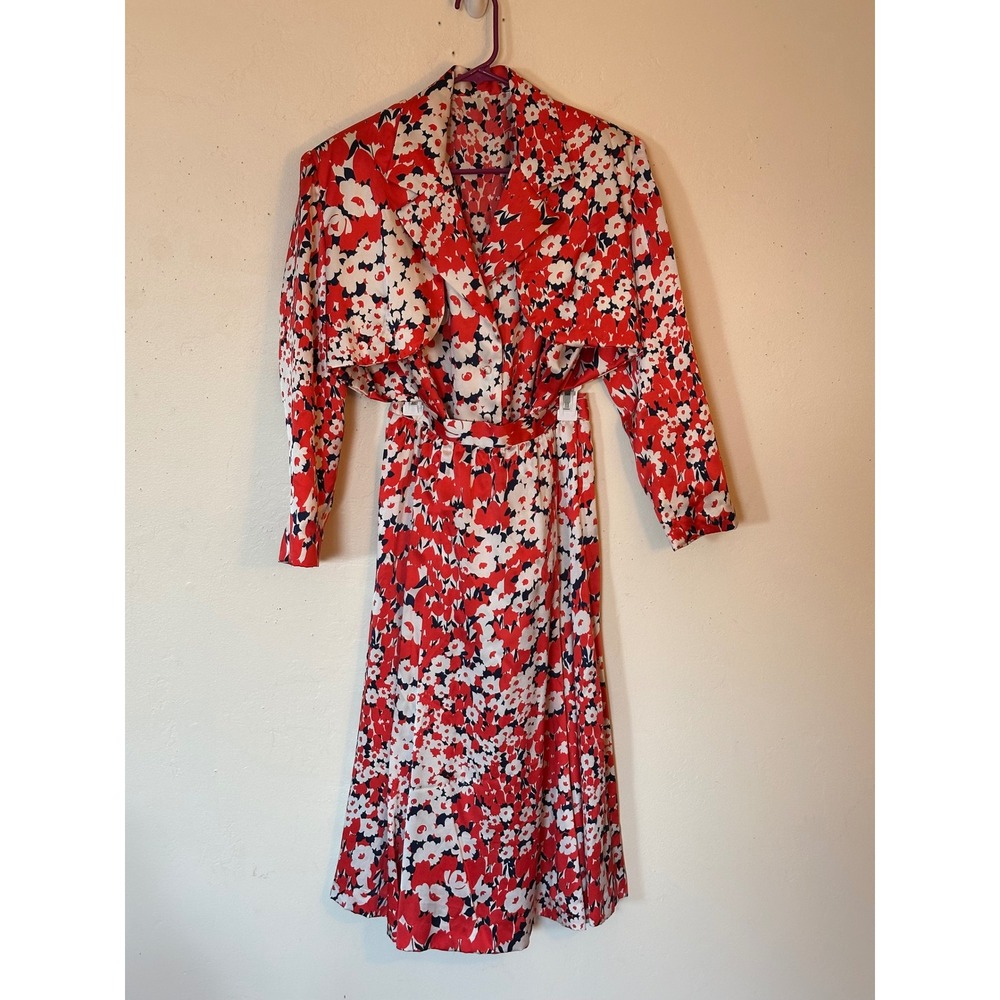 Vintage 70s 80s 3 Piece Satin Skirt Set Red Floral Blouse Bolero Jacket Set